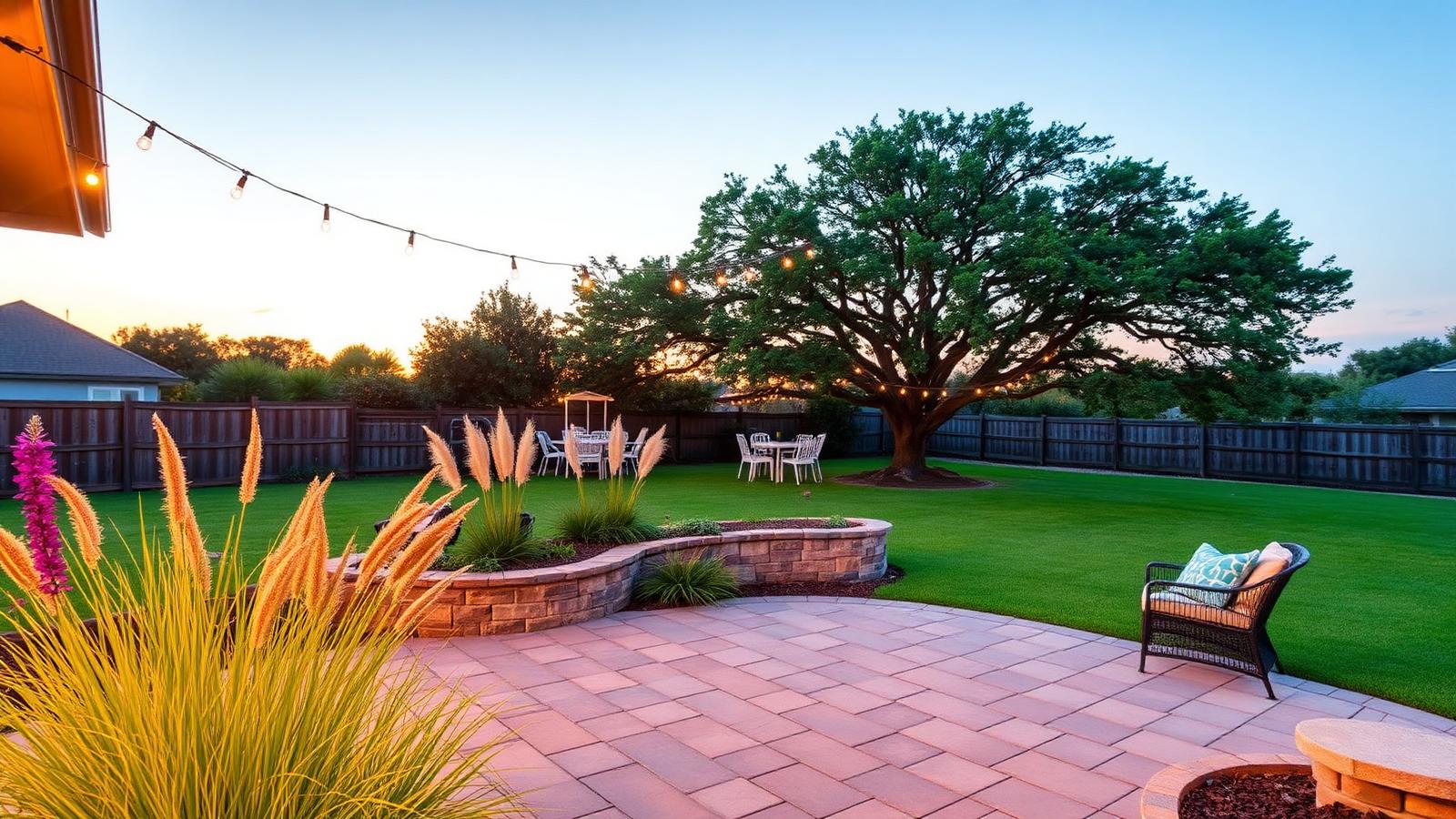 Houston backyard with pavers, native plants and string lights at golden hour